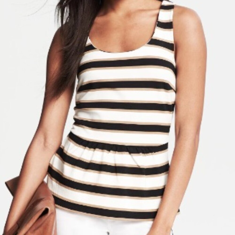 Banana Republic Black Tan Ivory Knit Top Sz 2 Scoop Neck Striped Peplum Hem Tank